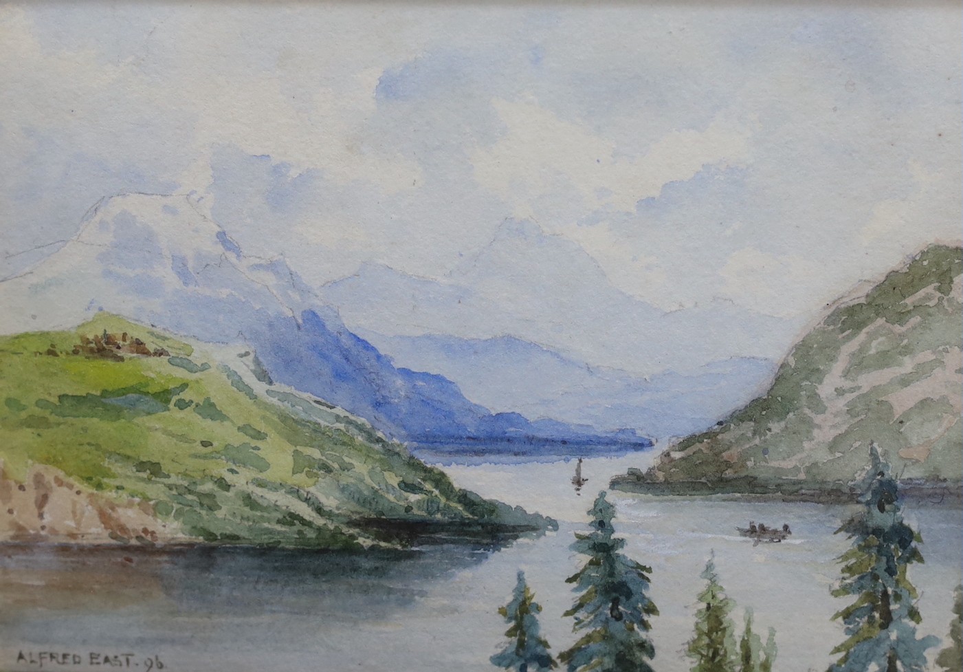 Sir Alfred East (1849-1913), two watercolours, Alpine scenes, both signed, one dated '96, 12 x 18cm and 12 x 17cm, with a small watercolour View of Sydenham, Kent, by another hand